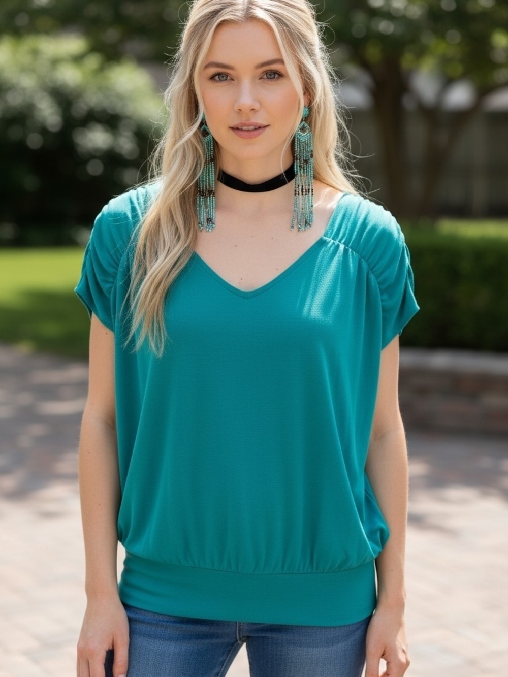 Vintage Fortune + Ivy Teal V-Neck Ruched Shoulder Tank Top